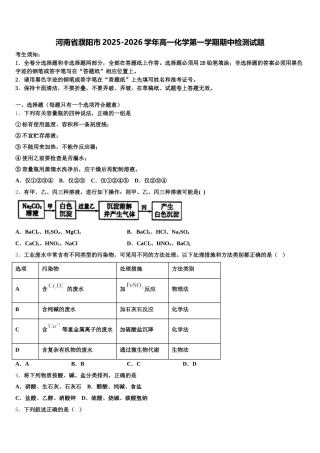 河南省濮阳市2025-2026学年高一化学第一学期期中检测试题含解析