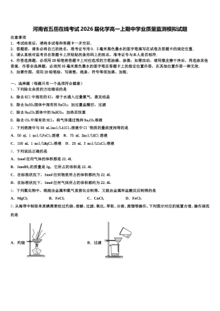 河南省五岳在线考试2026届化学高一上期中学业质量监测模拟试题含解析