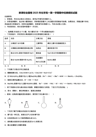 新课标全国卷2025年化学高一第一学期期中经典模拟试题含解析