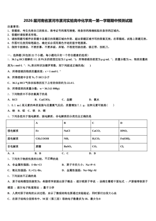 2026届河南省漯河市漯河实验高中化学高一第一学期期中预测试题含解析