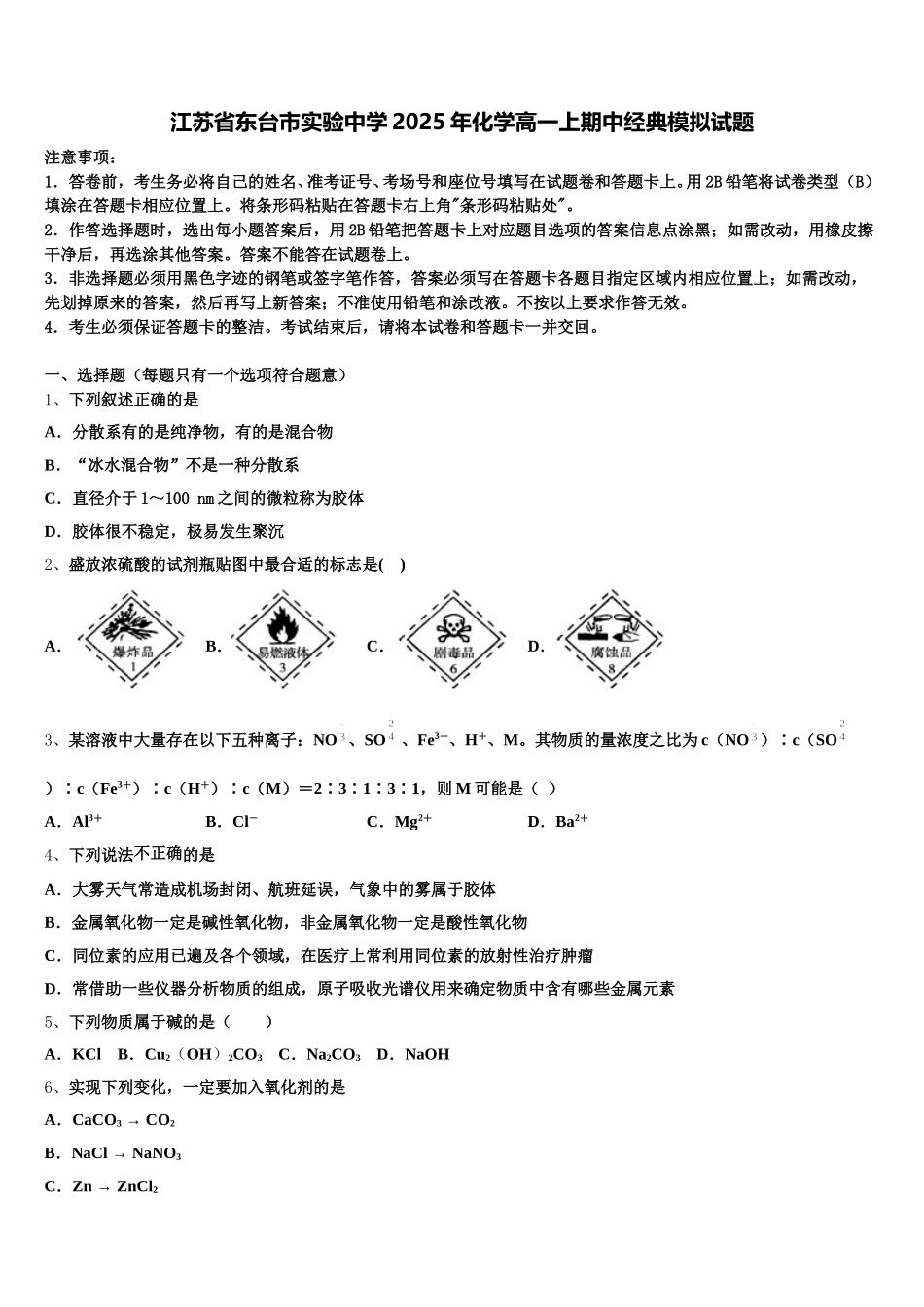 江苏省东台市实验中学2025年化学高一上期中经典模拟试题含解析_第1页