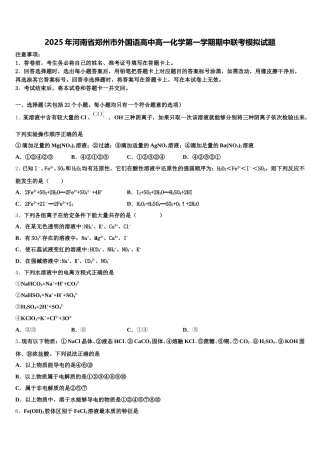 2025年河南省郑州市外国语高中高一化学第一学期期中联考模拟试题含解析