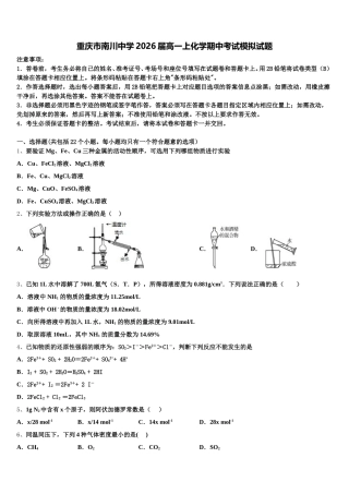 重庆市南川中学2026届高一上化学期中考试模拟试题含解析