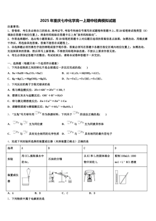 2025年重庆七中化学高一上期中经典模拟试题含解析