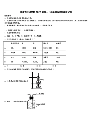 重庆市主城四区2026届高一上化学期中检测模拟试题含解析