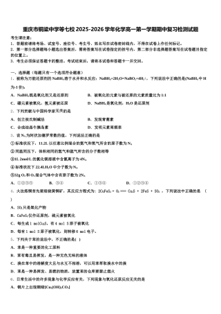 重庆市铜梁中学等七校2025-2026学年化学高一第一学期期中复习检测试题含解析