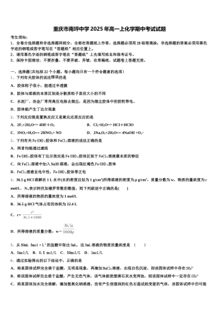 重庆市南坪中学2025年高一上化学期中考试试题含解析