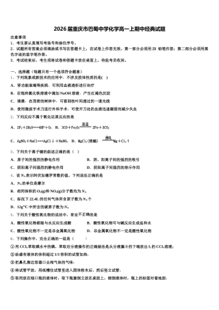 2026届重庆市巴蜀中学化学高一上期中经典试题含解析