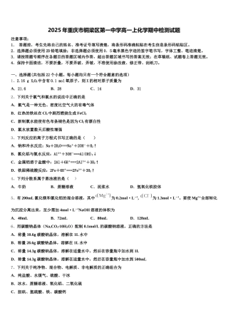 2025年重庆市铜梁区第一中学高一上化学期中检测试题含解析