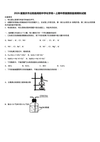 2026届重庆市云阳县高阳中学化学高一上期中质量跟踪监视模拟试题含解析