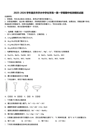 2025-2026学年重庆市字水中学化学高一第一学期期中检测模拟试题含解析
