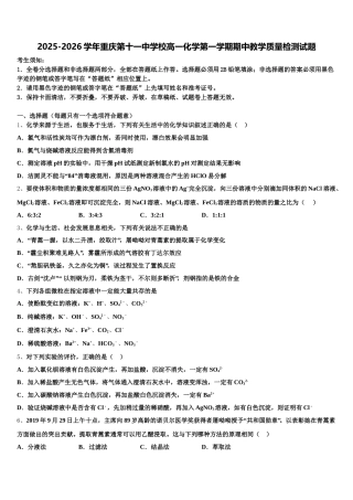 2025-2026学年重庆第十一中学校高一化学第一学期期中教学质量检测试题含解析
