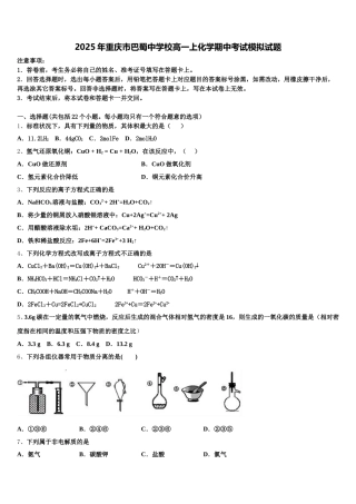 2025年重庆市巴蜀中学校高一上化学期中考试模拟试题含解析