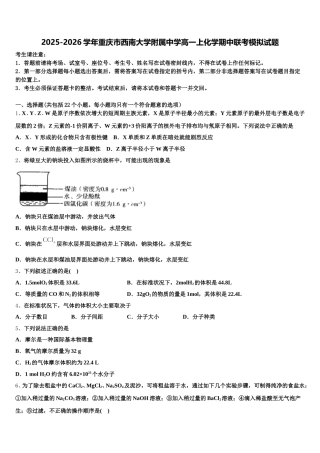 2025-2026学年重庆市西南大学附属中学高一上化学期中联考模拟试题含解析