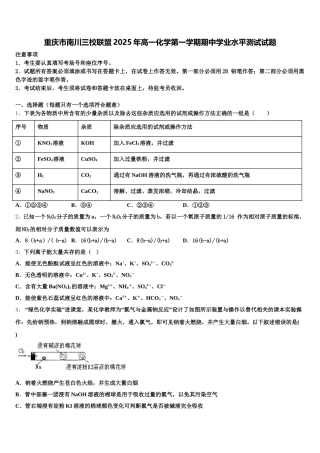 重庆市南川三校联盟2025年高一化学第一学期期中学业水平测试试题含解析