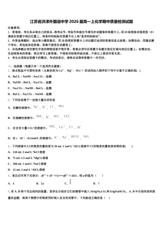 江苏省洪泽外国语中学2026届高一上化学期中质量检测试题含解析