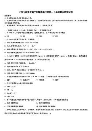 2025年重庆第二外国语学校高高一上化学期中统考试题含解析