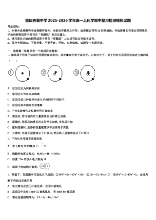 重庆巴蜀中学2025-2026学年高一上化学期中复习检测模拟试题含解析