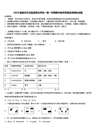 2026届重庆市云阳县等化学高一第一学期期中教学质量检测模拟试题含解析