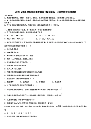 2025-2026学年重庆市主城区七校化学高一上期中统考模拟试题含解析