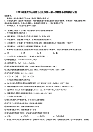 2025年重庆市主城区七校化学高一第一学期期中联考模拟试题含解析