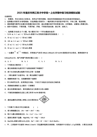 2025年重庆市两江育才中学高一上化学期中复习检测模拟试题含解析