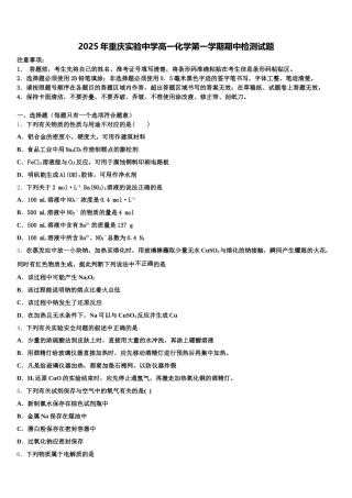 2025年重庆实验中学高一化学第一学期期中检测试题含解析