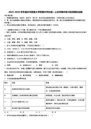 2025-2026学年重庆市西南大学附属中学校高一上化学期中复习检测模拟试题含解析