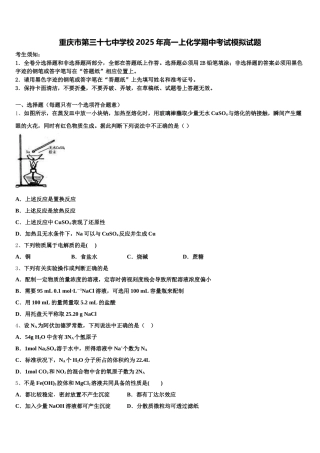重庆市第三十七中学校2025年高一上化学期中考试模拟试题含解析