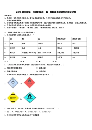 2026届重庆第一中学化学高一第一学期期中复习检测模拟试题含解析
