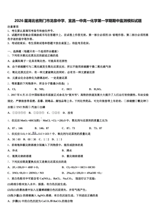 2026届湖北省荆门市龙泉中学、宜昌一中高一化学第一学期期中监测模拟试题含解析