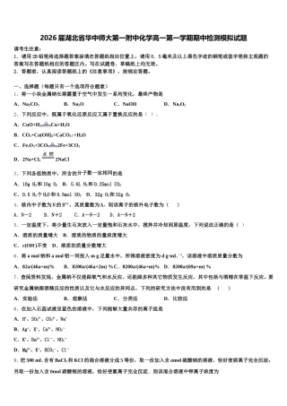 2026届湖北省华中师大第一附中化学高一第一学期期中检测模拟试题含解析