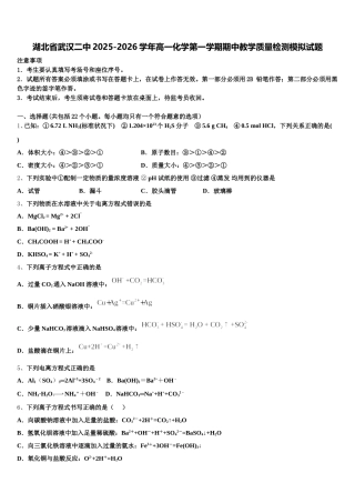 湖北省武汉二中2025-2026学年高一化学第一学期期中教学质量检测模拟试题含解析