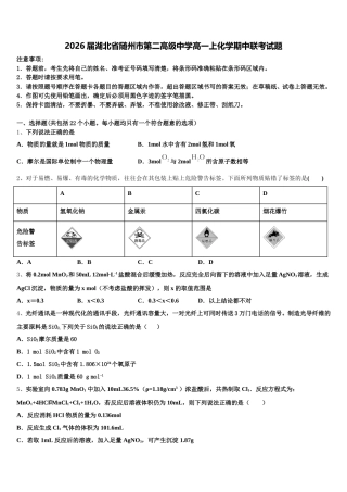 2026届湖北省随州市第二高级中学高一上化学期中联考试题含解析