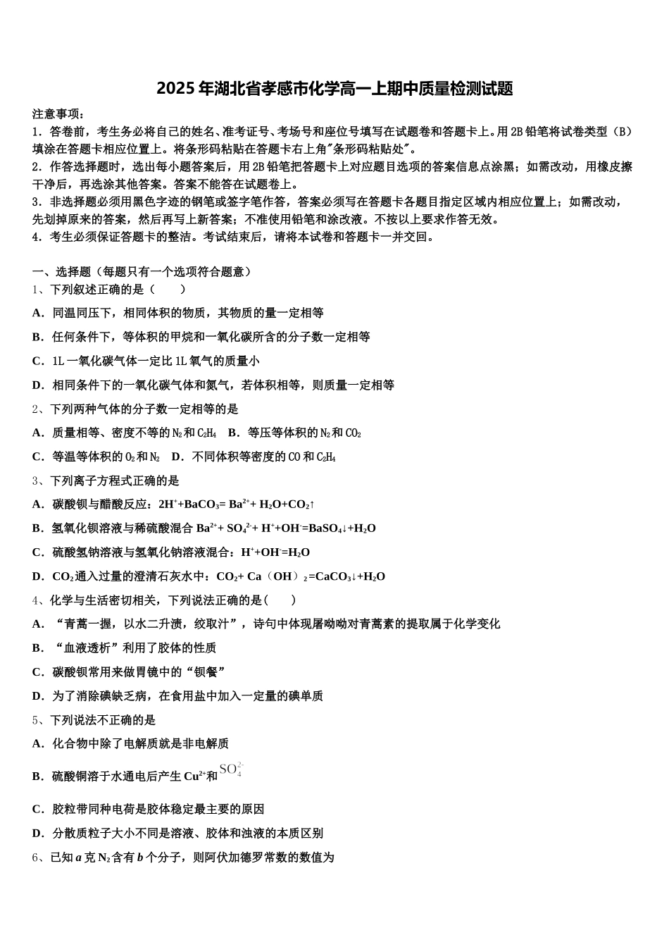 2025年湖北省孝感市化学高一上期中质量检测试题含解析_第1页