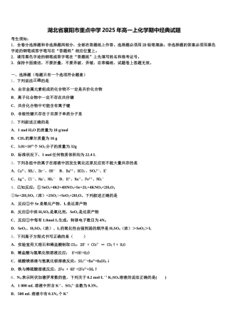 湖北省襄阳市重点中学2025年高一上化学期中经典试题含解析