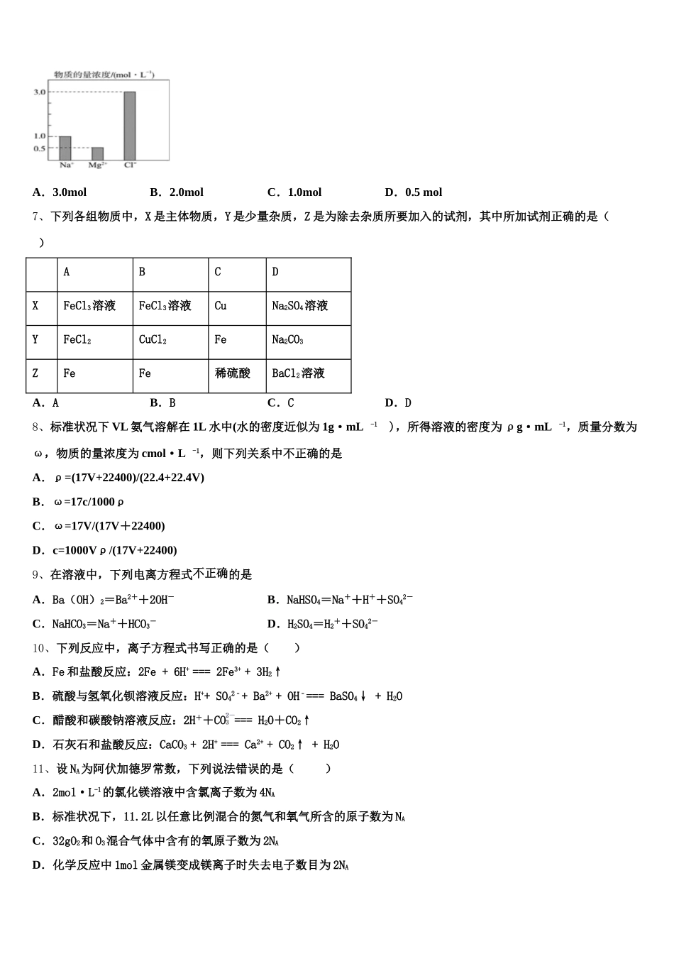 2026届湖北省武汉市达标名校化学高一第一学期期中质量跟踪监视模拟试题含解析_第2页