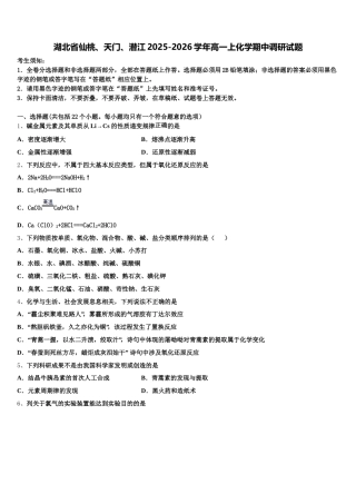 湖北省仙桃、天门、潜江2025-2026学年高一上化学期中调研试题含解析