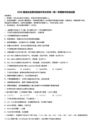 2026届湖北省黄冈高级中学化学高一第一学期期中检测试题含解析