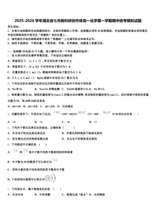 2025-2026学年湖北省七市教科研协作体高一化学第一学期期中统考模拟试题含解析