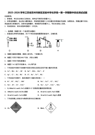 2025-2026学年江苏省苏州市新区实验中学化学高一第一学期期中综合测试试题含解析
