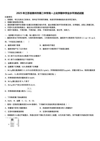 2025年江苏省泰州市第二中学高一上化学期中学业水平测试试题含解析