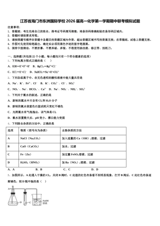 江苏省海门市东洲国际学校2026届高一化学第一学期期中联考模拟试题含解析