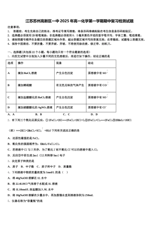 江苏苏州高新区一中2025年高一化学第一学期期中复习检测试题含解析