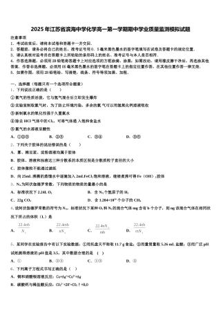 2025年江苏省滨海中学化学高一第一学期期中学业质量监测模拟试题含解析