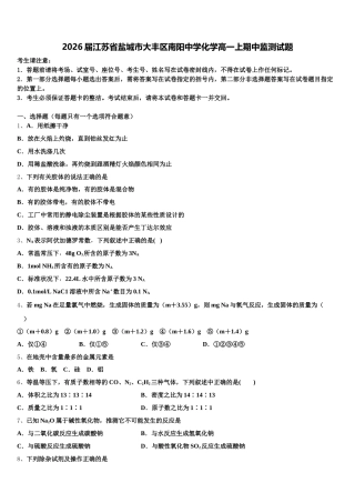 2026届江苏省盐城市大丰区南阳中学化学高一上期中监测试题含解析