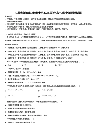 江苏省南京市江浦高级中学2026届化学高一上期中监测模拟试题含解析