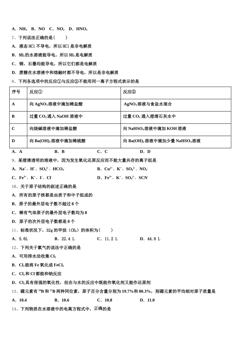 2025年苏州市重点中学高一上化学期中综合测试试题含解析_第2页