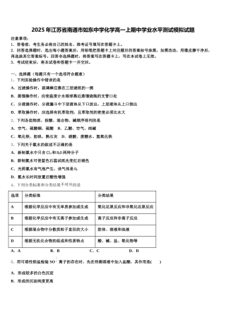 2025年江苏省南通市如东中学化学高一上期中学业水平测试模拟试题含解析