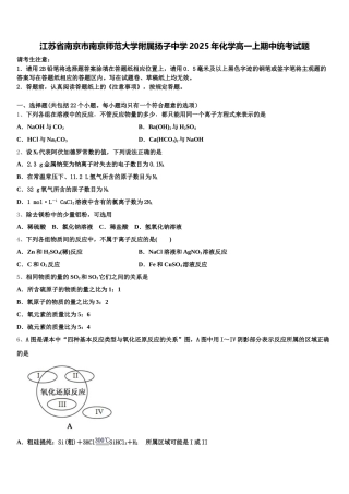江苏省南京市南京师范大学附属扬子中学2025年化学高一上期中统考试题含解析